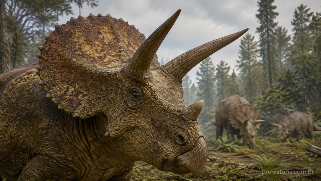 Reconstrução artística em close-up de um Triceratops diante de outros dois indivíduos em uma floresta da Formação Hell Creek.