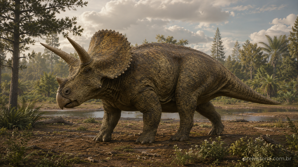 Reconstrução artística de um Triceratops adulto de três chifres e folho ósseo sólido, em uma planície aberta do fim do Cretáceo, com coníferas e samambaias ao fundo.