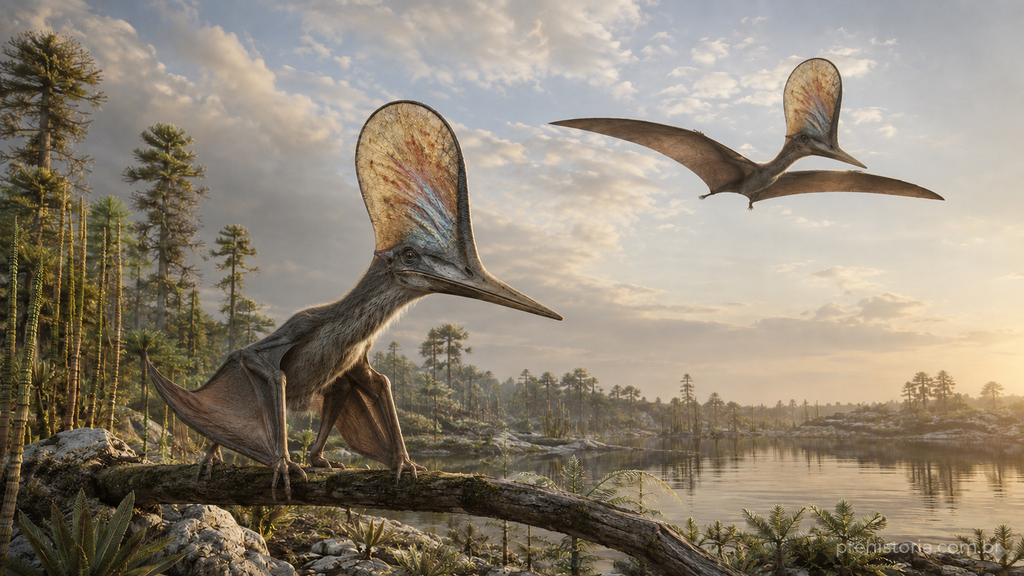Reconstrução artística de dois pterossauros Tupandactylus de grandes cristas cranianas sobre uma lagoa rasa da Bacia do Araripe, no Cretáceo Inferior do Nordeste brasileiro.
