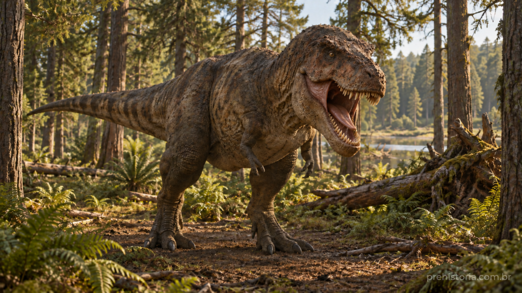 Reconstrução artística de Tyrannosaurus rex de corpo inteiro, com boca aberta e expressão ameaçadora em uma floresta sob luz dourada.
