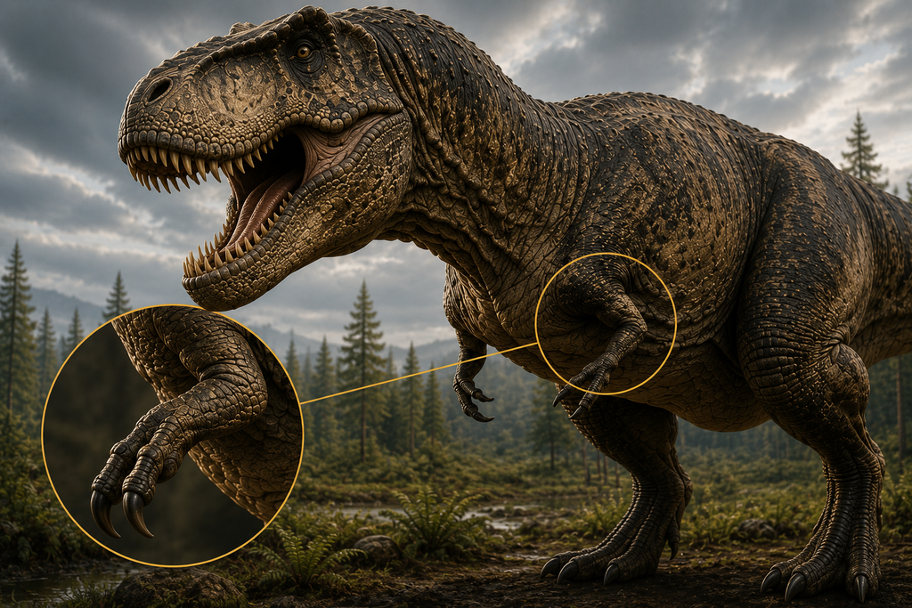 Reconstrução artística de um Tyrannosaurus rex com destaque ampliado para seus pequenos braços e dois dedos funcionais.