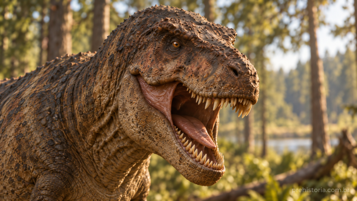 Reconstrução artística da cabeça de Tyrannosaurus rex em vista de três quartos, com boca aberta e floresta desfocada ao fundo.