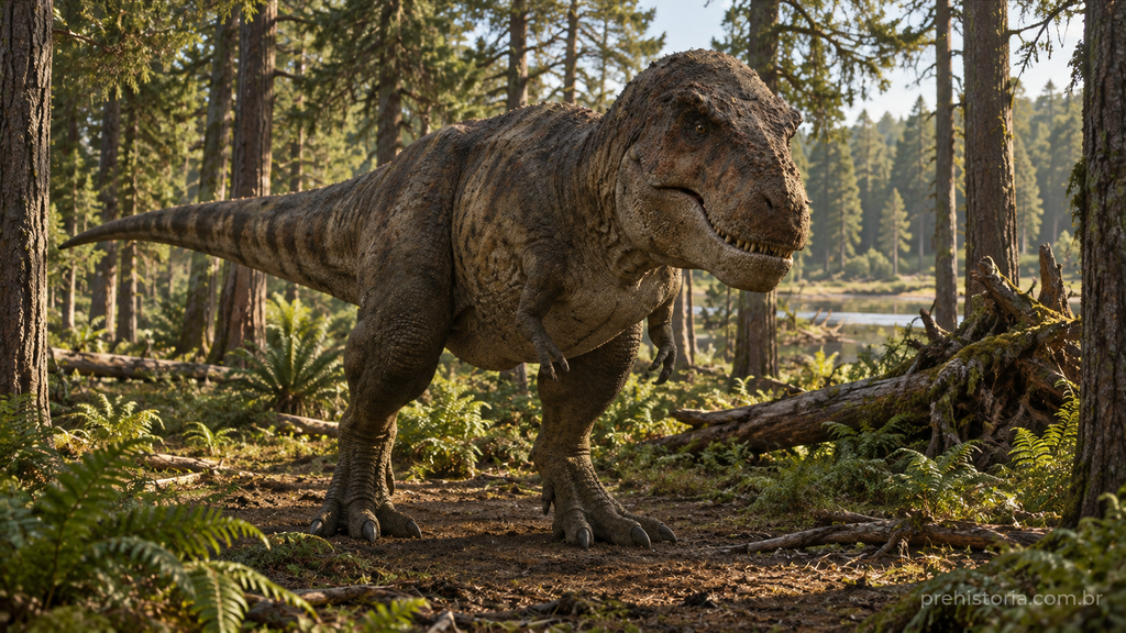 Reconstrução artística de Tyrannosaurus rex adulto em vista de três quartos, com a cabeça voltada para a câmera, numa clareira de floresta.