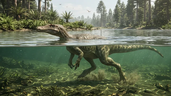 Reconstrução artística de um dinossauro terópode nadando em um rio do Cretáceo, com as garras das patas traseiras raspando o sedimento do fundo