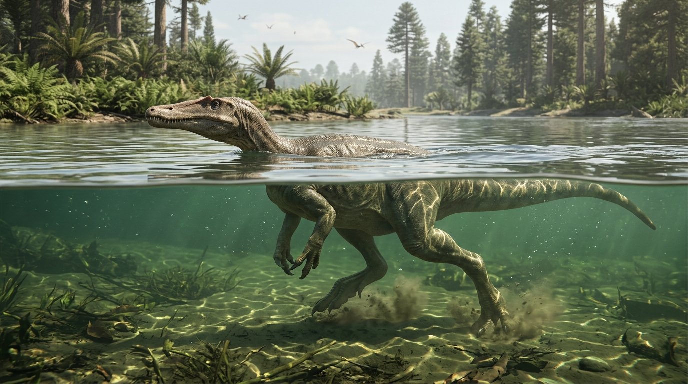 Reconstrução artística de um dinossauro terópode nadando em um rio do Cretáceo, com as garras das patas traseiras raspando o sedimento do fundo