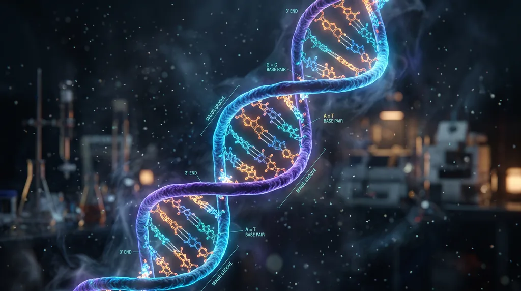 Reconstrução artística de uma molécula de DNA em dupla hélice com pares de bases iluminados em ambiente científico