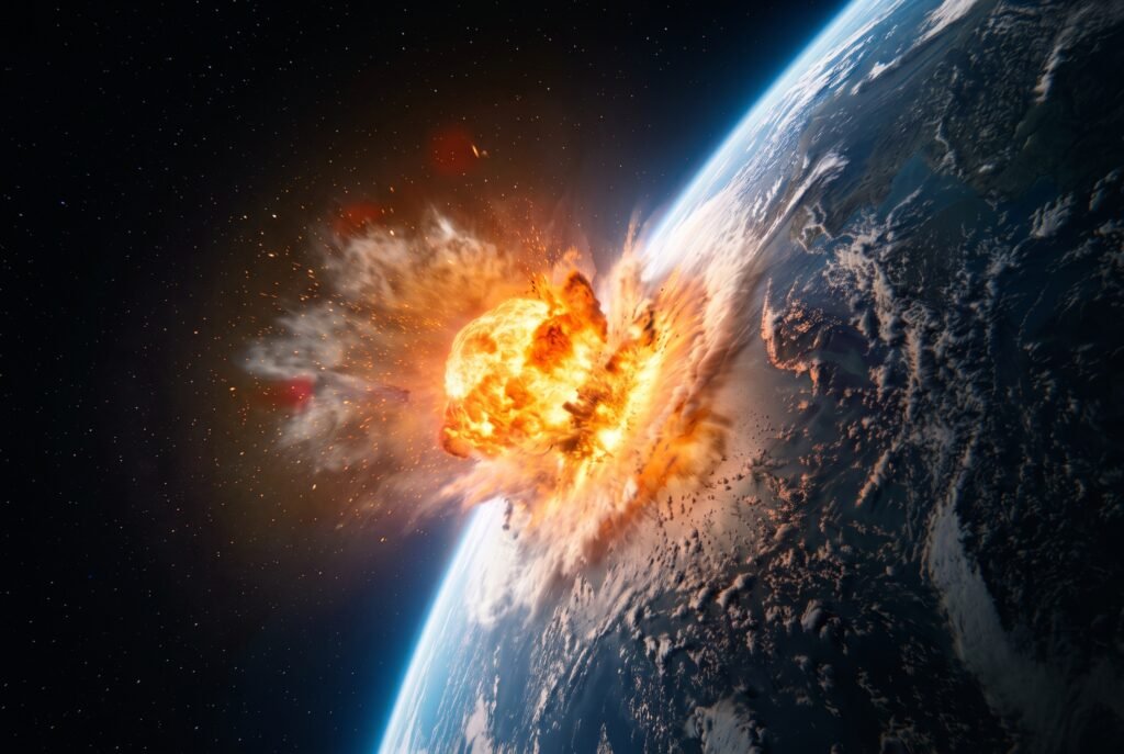 Reconstrução artística do impacto do asteroide Chicxulub na Terra visto do espaço, exibindo uma enorme explosão e onda de choque na atmosfera