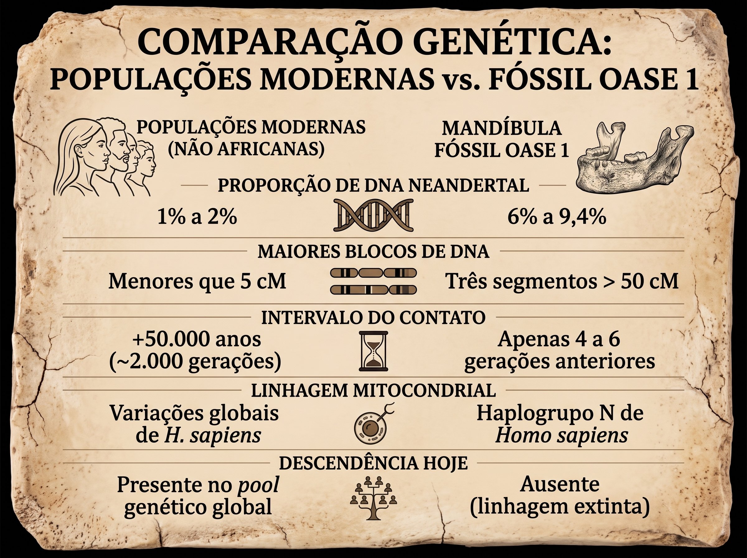 Reconstrução artística de um infográfico científico gravado em uma placa de osso fóssil aplainada e clara. Com tipografia escura de alto contraste e ícones, o painel compara os dados genéticos de populações modernas não africanas com a mandíbula Oase 1, detalhando a proporção de DNA neandertal, os maiores blocos de DNA, o intervalo temporal do contato e a linhagem mitocondrial.
