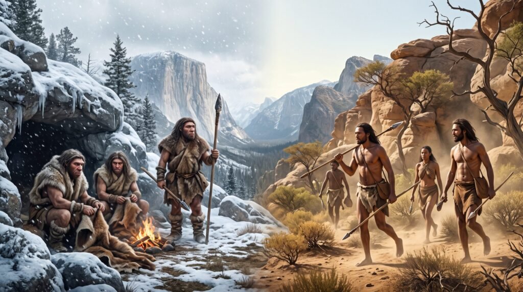 Reconstrução artística comparativa mostrando um grupo de neandertais abrigados em caverna na paisagem glacial da Eurásia à esquerda e um grupo de Homo sapiens caminhando por terreno árido e rochoso sob calor intenso à direita durante o Pleistoceno.