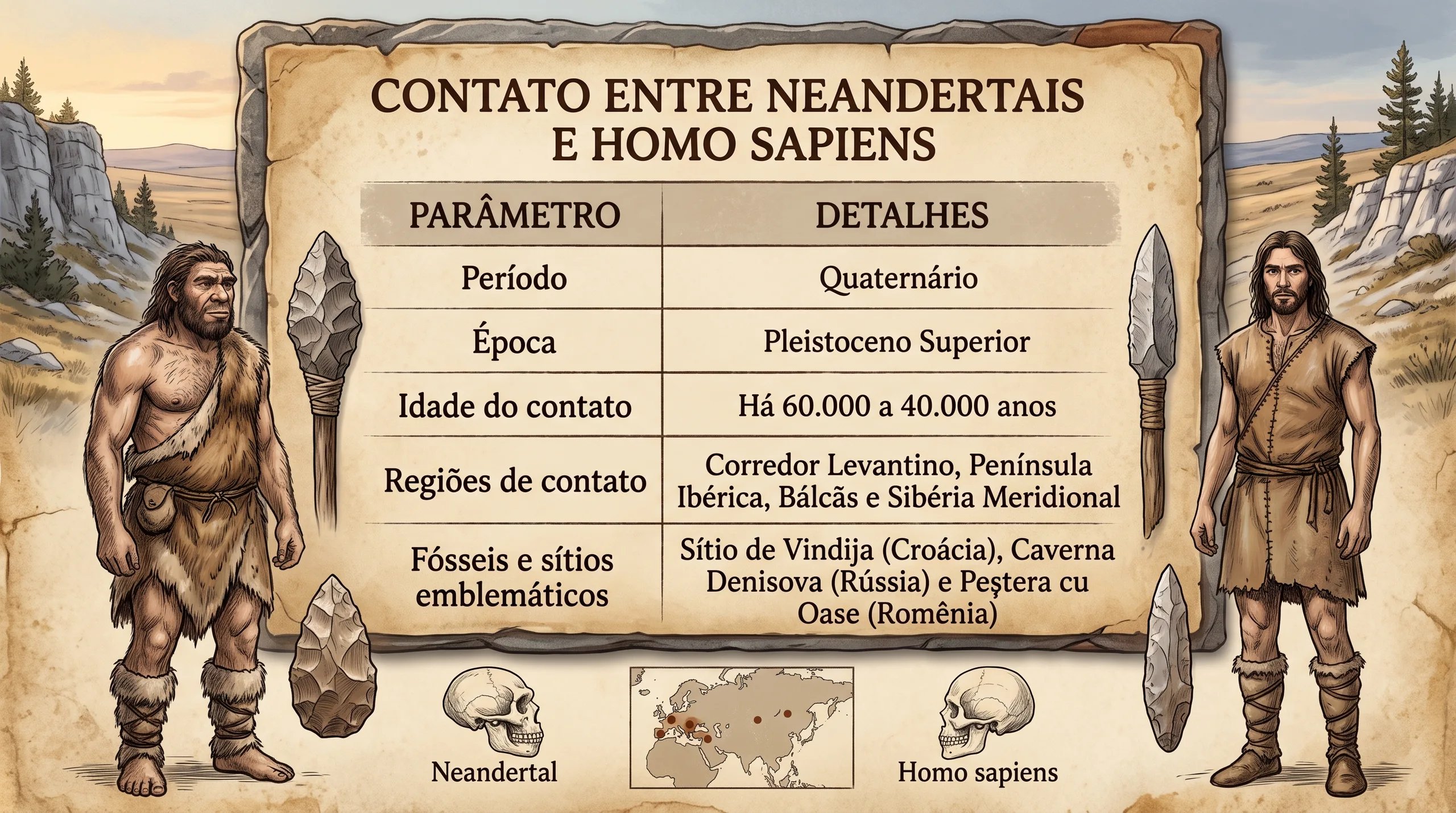 Reconstrução artística de infográfico ilustrando o contato entre neandertais e Homo sapiens no Pleistoceno Superior, com ferramentas líticas e mapa de sítios fósseis.