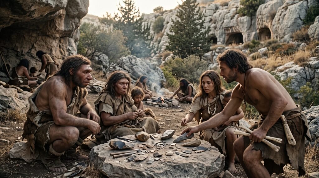 Reconstrução artística de neandertais e Homo sapiens reunidos em família partilhando e analisando ferramentas líticas num abrigo rochoso do Levante, com homens, mulheres e crianças em meio a uma paisagem de vale no Pleistoceno Superior.