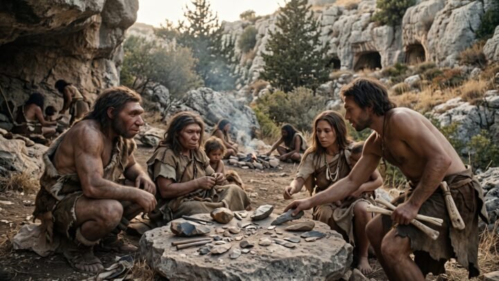 Reconstrução artística de neandertais e Homo sapiens reunidos em família partilhando e analisando ferramentas líticas num abrigo rochoso do Levante, com homens, mulheres e crianças em meio a uma paisagem de vale no Pleistoceno Superior.