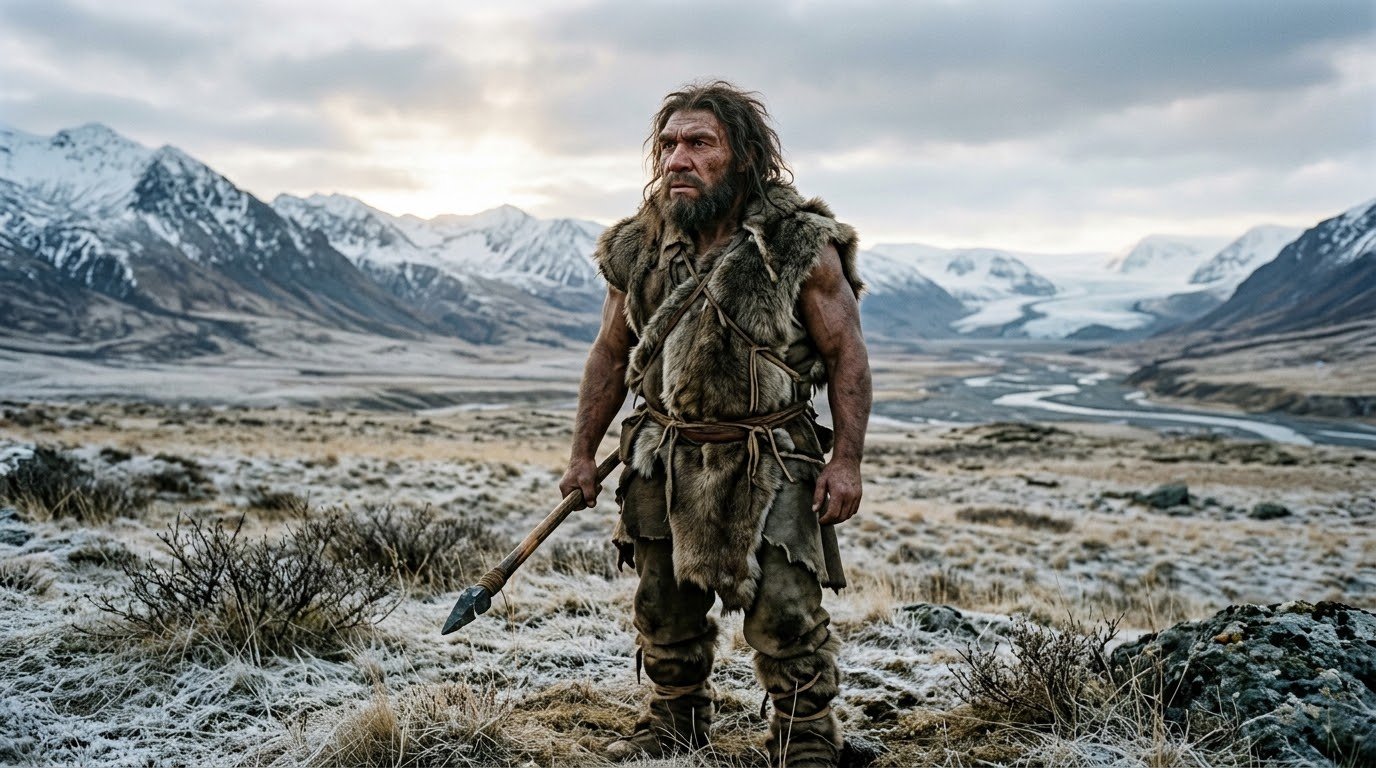 Reconstrução artística de um Homo neanderthalensis adulto com roupas de pele segurando uma lança lítica na estepe glacial