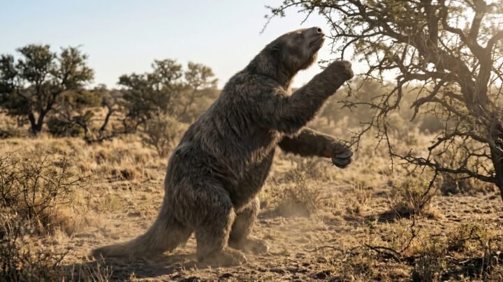 Reconstrução artística de um Megatherium americanum. A colossal preguiça-gigante ergue-se apoiada nas patas traseiras e em sua cauda grossa, enquanto usa as patas dianteiras, equipadas com grandes garras encurvadas, para puxar galhos de uma árvore.